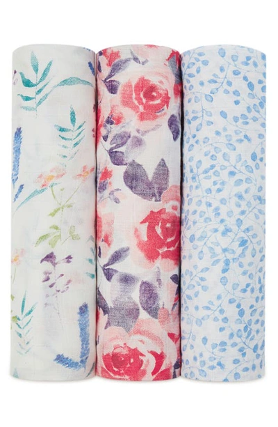 Aden + Anais Pack Of 3 Pink And Blue Watercolour Garden Silky Soft Swaddles One Size In Watercolor Garden