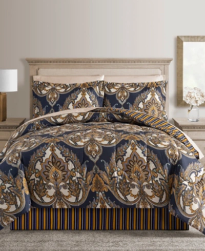 Fairfield Square Collection Odyssey Scroll/stripe Reversible 8 Pc. Comforter Sets, Created For Macy's In Blue