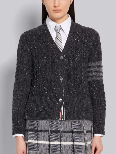 Thom Browne Dark Grey Mohair Wool Tweed Aran Cable Classic V-neck 4-bar Cardigan