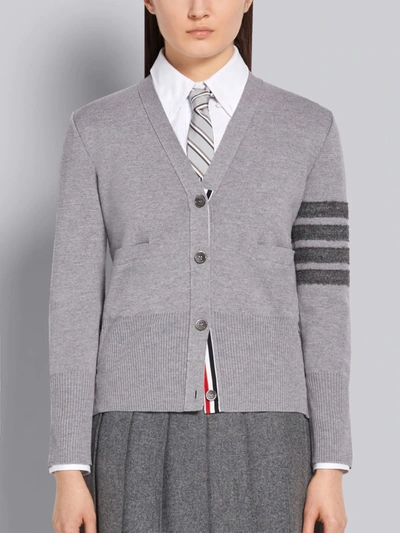 Thom Browne Light Grey Fine Merino Wool Milano Stitch Shetland Tonal 4-bar V-neck Cardigan