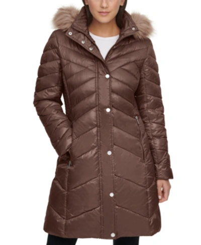 Kenneth Cole Faux-fur-trim Hooded Puffer Coat In Plum