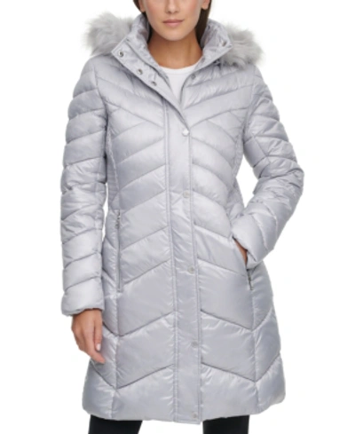 Kenneth Cole Faux-fur-trim Hooded Puffer Coat In Silver