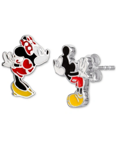 Disney Kids' Children's Mickey & Minnie Mouse Mismatched Stud Earrings In Sterling Silver And Enamel