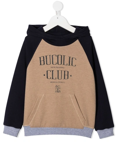 Brunello Cucinelli Kids' Color Block Topwear In Techno Cotton Fleece With Hood In Beige/blue