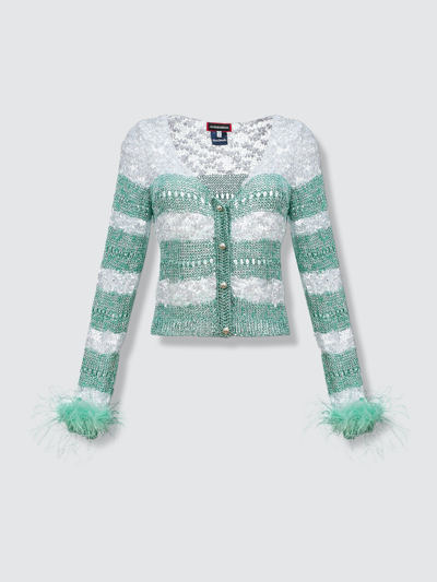 Andreeva Mint Handmade Knit Sweater With Detachable Feather Details On The Cuffs And Pearl Buttons In Green