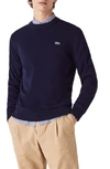 Lacoste Solid Cotton Jersey Crewneck Sweater In Navy Blue