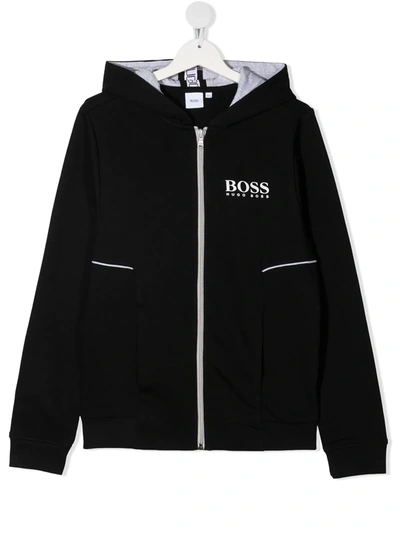 Hugo Boss Teen Logo-print Zipped Hoodie In Black