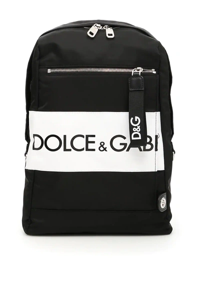 Dolce & Gabbana Nylon Backpack With Logo Patch In Black,white