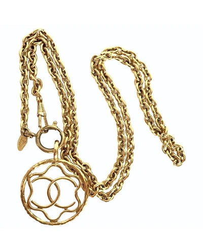 Pre-owned Chanel Vintage Golden Chain Long Necklace With Flower Motif Cc Pendant Top