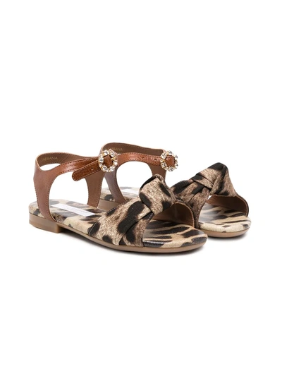 Dolce & Gabbana Kids' Ankle Strap Sandals In Faille With Leopard Print In Neutrals