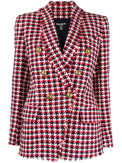 Balmain Double-breasted Blazer In Tweed Wool Blend In Rouge/marine/blanc