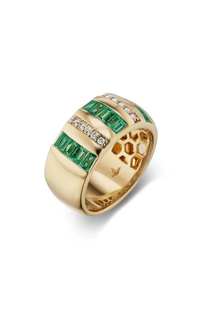 Sorellina Tarot Baguette Emerald & Round Diamond Band Ring In Yellow Gold