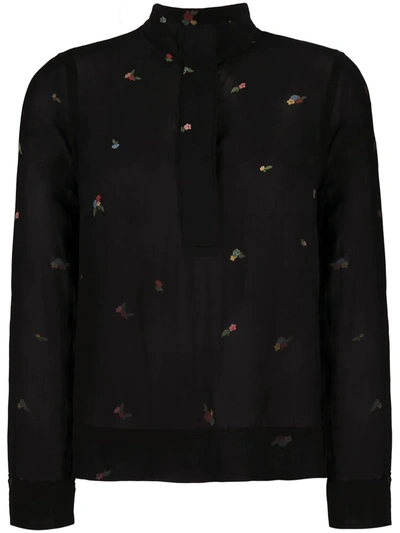 Ganni Floral Embroidered Sheer Shirt In Black