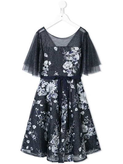 Marchesa Notte Mini Kids' Gisele Floral Print Dress In Blue