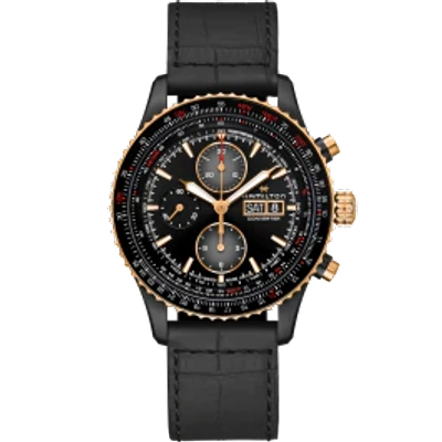 Hamilton Men's Swiss Automatic Chronograph Khaki Aviation Converter Black Leather Strap Watch 44mm