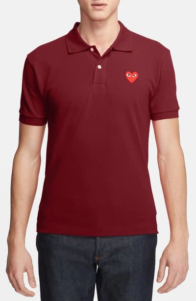 Comme Des Garçons Play Pique Polo With Heart Applique In Burgundy