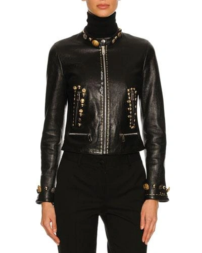 Dolce & Gabbana Button-embellished Leather Caf&eacute; Racer Jacket, Black