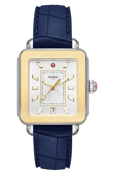 Michele Deco Sport Two-tone Gold And Silicone Watch In Navy/silver White Sunray