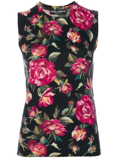 Dolce & Gabbana Sleeveless Round Neck Sweater In Printed Cashmere In Black