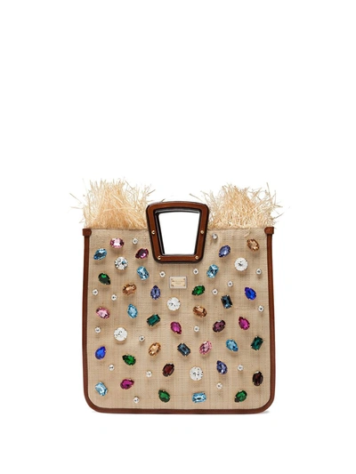 Dolce & Gabbana Crystal-embellished Straw Tote In Brown