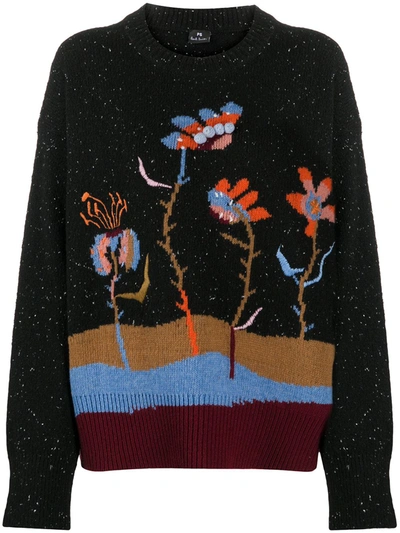 Paul Smith Woodblock Floral Knit Jumper In Black