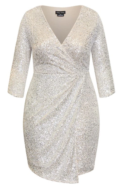 City Chic Razzle Sequin Faux Wrap Dress In Nude