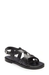 Topshop Flat Leather Studded Sandal In Black In Black Leather