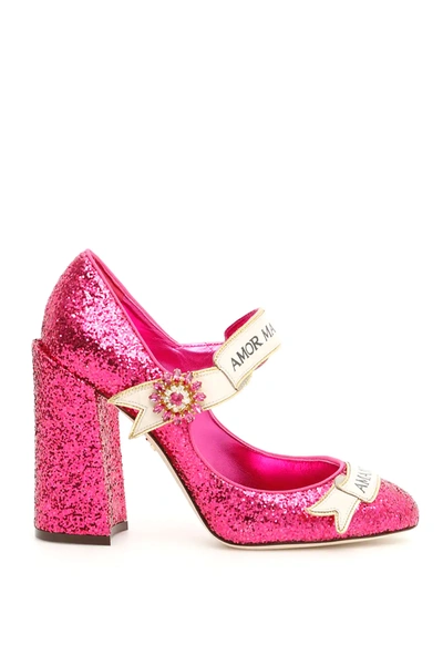 Dolce & Gabbana Mary Jane In Glitter With Scroll In Fuxia Fuxia