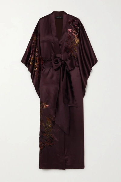 Carine Gilson Belted Appliquéd Embroidered Silk-satin Robe In Burgundy