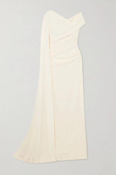 Talbot Runhof Cape-effect Off-the-shoulder Ruched Stretch-cady Gown In Ivory