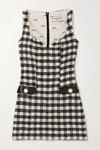 Rowen Rose Faux Leather-trimmed Checked Tweed Mini Dress In Black
