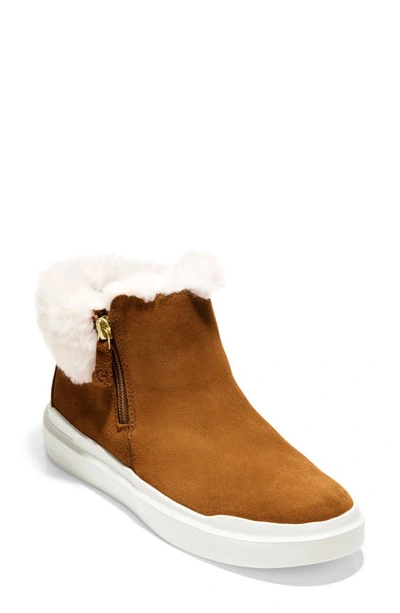 Cole Haan Grandpro Rally Faux Fur Trim Bootie In Caramel Suede/ Faux Shearling