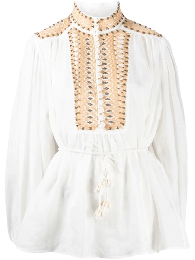 Zimmermann Brighton Embellished Embroidered Ramie Blouse In White