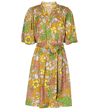 Tory Burch Belted Shirred Floral-print Cotton-blend Mini Dress In Yellow
