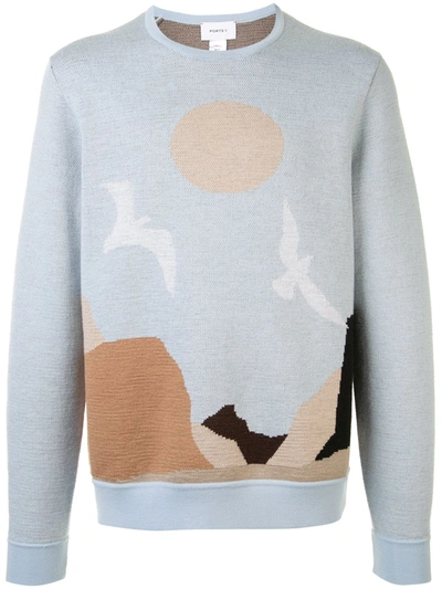 Ports V Long Sleeve Landscape Knitted Jumper In Blue