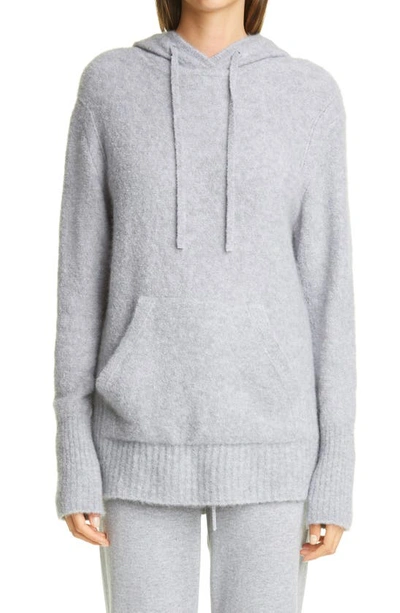 St John Cashmere Knit Pullover W/ Drawcord Hood & Pocket In Heather Grey