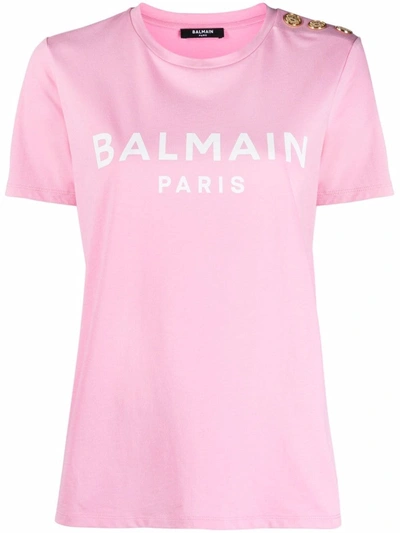 Balmain Pink Button-detail Logo Print T-shirt