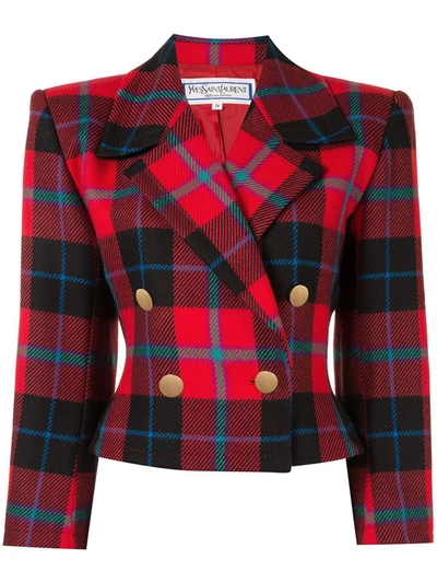 Pre-owned Saint Laurent Tartan Double-breasted Cropped Jacket In Red