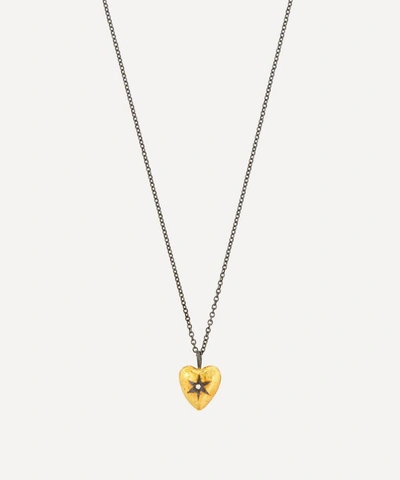 Acanthus Oxidised Silver Diamond Star Reversible Heart Pendant Necklace In Gold