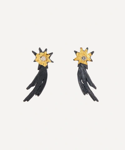 Acanthus Oxidised Silver Diamond Shooting Star Climber Earrings In Oxidised Silver/gold