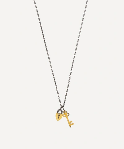 Acanthus Oxidised Silver Secret Garden Lock And Key Double Pendant Necklace In Oxidised Silver/gold
