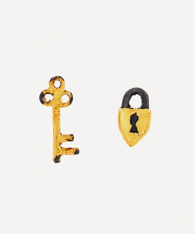 Acanthus Oxidised Silver Secret Garden Mismatched Lock And Key Stud Earrings In Oxidised Silver/gold