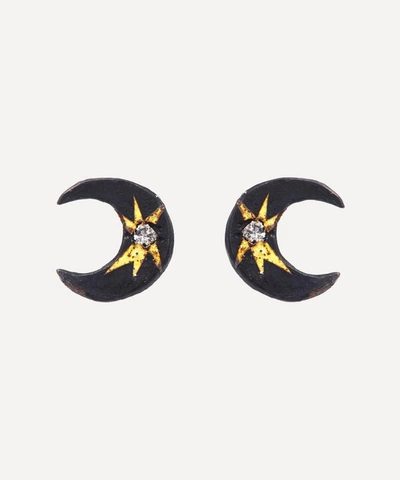 Acanthus Oxidised Silver Celestial Diamond Star Crescent Moon Stud Earrings In Oxidised Silver/gold