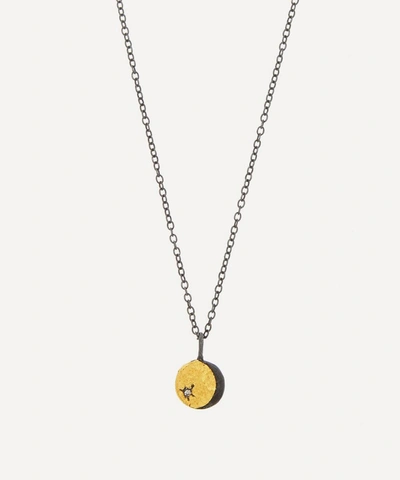 Acanthus Oxidised Silver Tiny Double-sided Diamond Lunar Coin Pendant Necklace In Oxidised Silver/gold