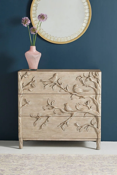 Anthropologie Handcarved Ornithology Three-drawer Dresser In Beige