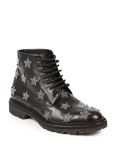 Saint Laurent Black Leather Star Studded Lace-up Combat Boots | ModeSens