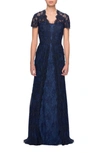 La Femme Beaded Lace A-line Gown In Navy