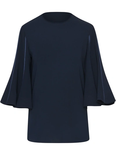 Oscar De La Renta Tie Bell-sleeve Stretch Virgin Wool Shift Dress In Blue