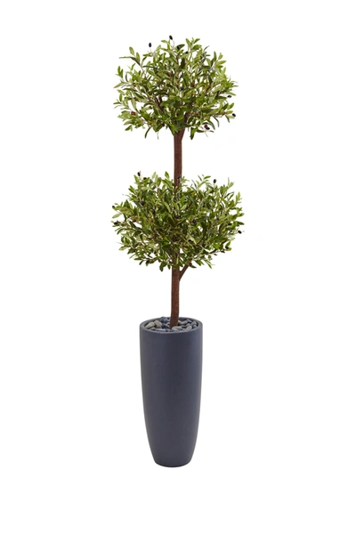Nearly Natural 6' Olive Double Topiary Artificial Tree In Gray Cylinder Planter In Green