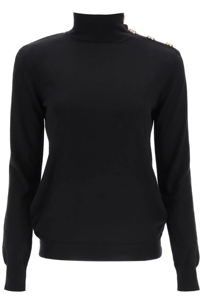 Balmain Turtleneck With Golden Buttons In Noir